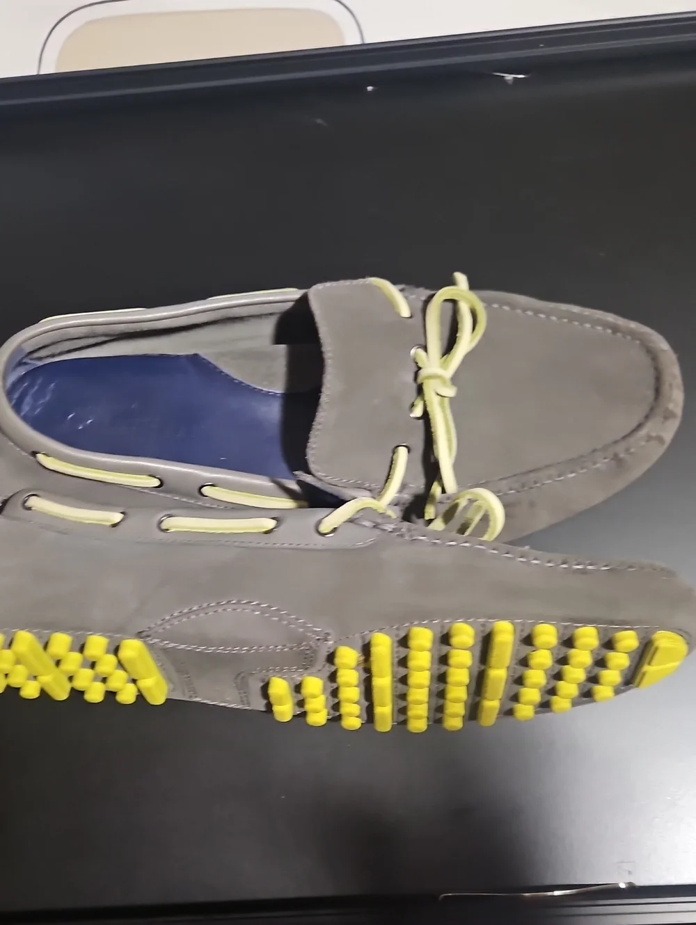Men's Grey Suede Driving Moccasins with Yellow Accents